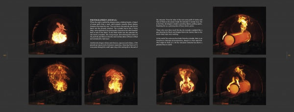 Six images from Brass Valley by Schiffer Publishing, Ltd. depict a burning barrel inside a furnace, bright flames and embers, with text explaining pyrolysis and charring in the region’s industrial history.