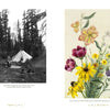 A black and white photo of two people by a tent in a forest appears next to a vibrant North American wildflower illustration in the style of Mary Vaux Walcott, featured in "The Life and Times of Mary Vaux Walcott" from Schiffer Publishing, Ltd.