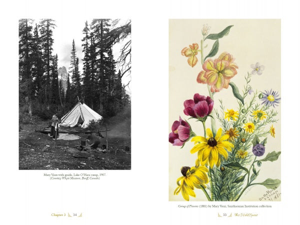 A black and white photo of two people by a tent in a forest appears next to a vibrant North American wildflower illustration in the style of Mary Vaux Walcott, featured in "The Life and Times of Mary Vaux Walcott" from Schiffer Publishing, Ltd.