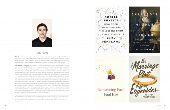 A two-page spread from Schiffer Publishing, Ltd.'s Book Cover Designs: left page presents a man's portrait and biography; right page offers four covers—Social Physics, Galileo’s Middle Finger, Reinventing Bach, and The Marriage Plot—for design inspiration.