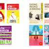 Eight vibrant Book Cover Designs from Schiffer Publishing, Ltd. feature unique illustrations and bold typography by Jon Ronson, Malcolm Bradbury, and M.J. Hyland, arranged in two columns for inspiring book cover ideas.