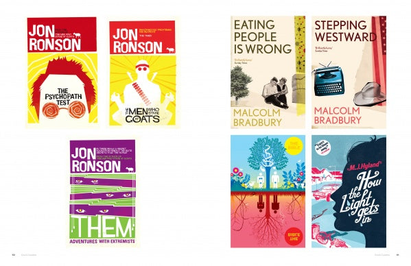 Eight vibrant Book Cover Designs from Schiffer Publishing, Ltd. feature unique illustrations and bold typography by Jon Ronson, Malcolm Bradbury, and M.J. Hyland, arranged in two columns for inspiring book cover ideas.