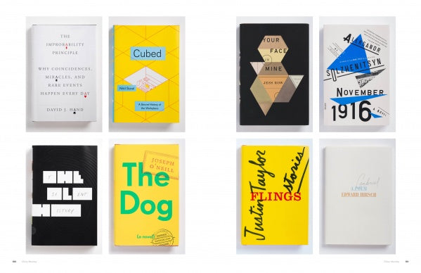Eight book covers arranged in two rows of four highlight bold designs and unique typography in yellow, black, white, and blue. "Book Cover Designs" by Schiffer Publishing, Ltd. offers inspiration for creative projects.