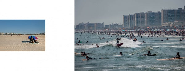 On the left, two people relax under an umbrella on a quiet Atlantic beach. On the right, Schiffer Publishing, Ltd.’s Surf NYC captures the buzz of New York surfing, with surfers and crowds by tall city buildings.