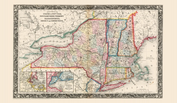 Mitchell's New General Atlas 1860 by Schiffer Publishing, Ltd. is a vintage reproduction map featuring New York, New Hampshire, Vermont, Massachusetts, Rhode Island, and Connecticut with colored borders, labeled cities, and a decorative frame.