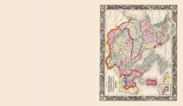 Mitchell's New General Atlas 1860 by Schiffer Publishing, Ltd. displays northeastern China and nearby regions in color, right-aligned with a large beige space on the left for balance. This is a reproduction of the original 1860 map.
