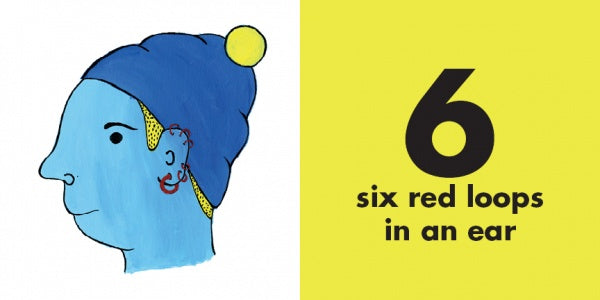 Illustration promoting acceptance from "Two Long Ears" by Schiffer Publishing, Ltd.: a blue-skinned person in a blue hat with six red loops in their ear, beside the text "6 six red loops in an ear" on a yellow background.