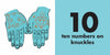 An illustration from "Two Long Ears" by Schiffer Publishing, Ltd.: two blue hands with numbers 1–10 on the knuckles, a smiling face on the left palm, a diamond on the right. Ideal for kids' books celebrating differences and body art. Text: 10 ten numbers on knuckles.