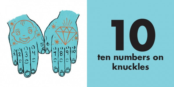 An illustration from "Two Long Ears" by Schiffer Publishing, Ltd.: two blue hands with numbers 1–10 on the knuckles, a smiling face on the left palm, a diamond on the right. Ideal for kids' books celebrating differences and body art. Text: 10 ten numbers on knuckles.