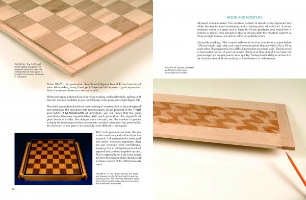 A page from "Laminated Wood Art Made Easy" by Schiffer Publishing, Ltd. displays three photos of wooden chessboards at different construction stages, with text on woodworking basics, symmetrical wood patterns, and wood moisture effects.