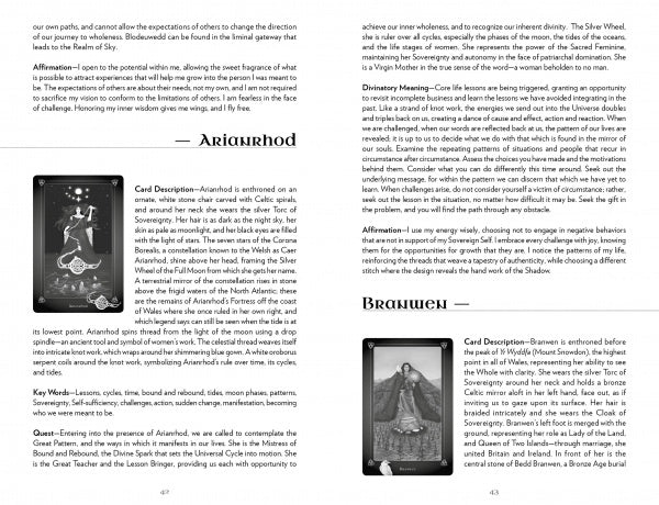 A book spread from The Avalonian Oracle by Schiffer Publishing, Ltd. displays tarot cards for Celtic Priestess Arianrhod and Branwen, featuring card meanings, affirmations, mythology, keywords, and black-and-white illustrations.