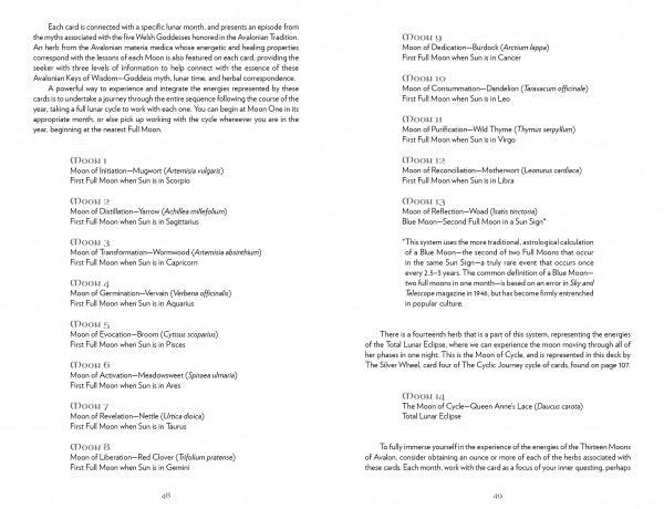In The Avalonian Oracle by Schiffer Publishing, Ltd., a book spread displays months and moons with detailed descriptions, dates, and meanings: the left page lists months I–VII, the right covers VIII–XIII, concluding with an explanation of the Thirteen Moons.