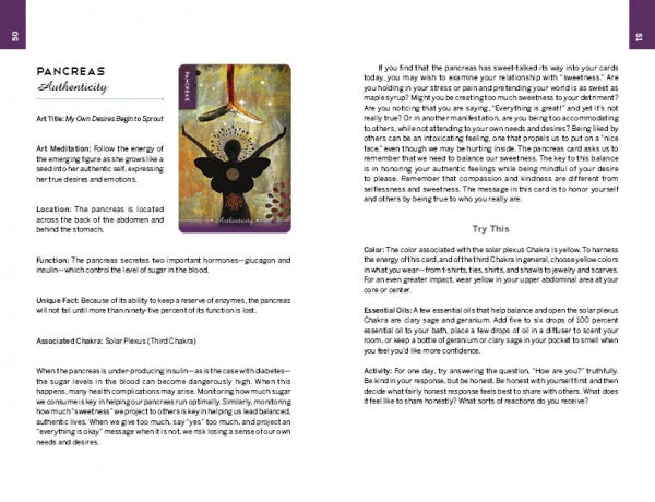An open page from Body Cards by Schiffer Publishing, Ltd. shows an anatomy card with abstract art of a winged figure holding two orbs, plus sections titled PANCREAS Authenticity and Try This for symbolism, function, and self-discovery meditations.