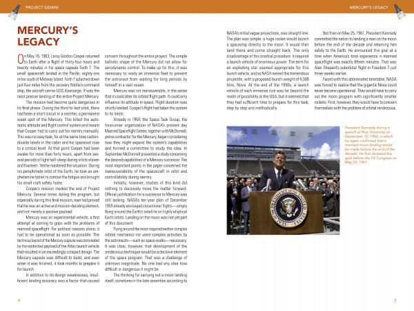 A two-page magazine spread titled Project Gemini, from Schiffer Publishing, Ltd., features text about the Gemini program and the space race with a photo of President Kennedy speaking at a stadium podium before seated spectators.