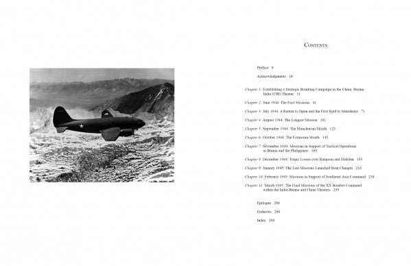 On the left is a black-and-white photo of a B-29 from XX Bomber Command in flight. On the right, the contents page of "Matterhorn--The Operational History of the US XX Bomber Command from India and China" by Schiffer Publishing, Ltd. is displayed.