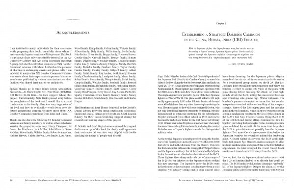 A book spread from "Matterhorn--The Operational History of the US XX Bomber Command from India and China" (Schiffer Publishing, Ltd.) shows an Acknowledgments section on the left and Chapter 1 about B-29 bomber missions in WWII's CBI Theater on the right.