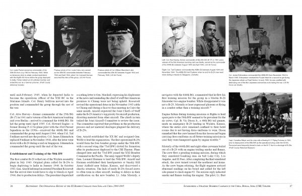 A two-page spread from "Matterhorn--The Operational History of the US XX Bomber Command from India and China" by Schiffer Publishing, Ltd., shows black-and-white WWII photos and typewritten text about military leaders and B-29 Superfortress missions.