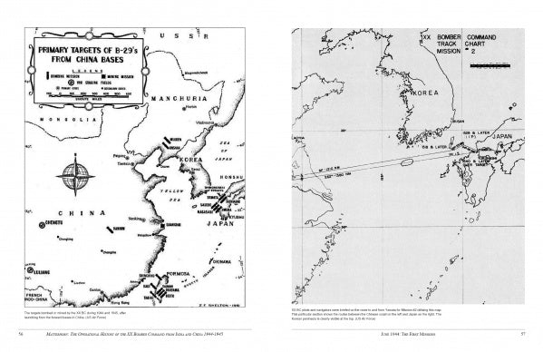 From "Matterhorn--The Operational History of the US XX Bomber Command from India and China" by Schiffer Publishing, Ltd.: two black-and-white maps show B-29 targets in Asia and Japan and bomber routes from Chinese bases to Japan, Korea, and beyond.