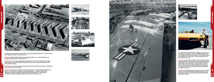 A two-page spread from "A Pictorial History of the B-2A Spirit Stealth Bomber" by Schiffer Publishing, Ltd. showcases black-and-white WWII aircraft factory photos, bomber assembly scenes, and images tracing the evolution to stealth technology.