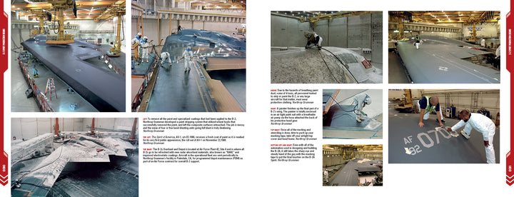 A Pictorial History of the B-2A Spirit Stealth Bomber by Schiffer Publishing, Ltd. features images of technicians performing maintenance, repairs, and painting on a massive B-2A Spirit inside a brightly lit industrial facility.