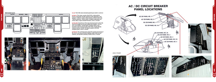 A Pictorial History of the B-2A Spirit Stealth Bomber from Schiffer Publishing, Ltd. features diagrams and photos detailing the AC/DC circuit breaker panels' layout and locations in the bomber's cockpit, with labeled illustrations.