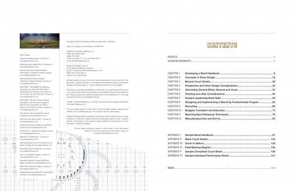 The left page lists publication details and credits for Marching Band Techniques by Schiffer Publishing, Ltd.; the right page shows a table of contents with chapters on marching band and rehearsal techniques, each with page numbers. Both pages feature a faint grid graphic.