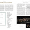 Marching Band Techniques by Schiffer Publishing, Ltd. features a handbook layout, tips for rehearsal, a sample table of contents, a handbook cover, and a large photo of a high school marching band performing on stage with instruments.