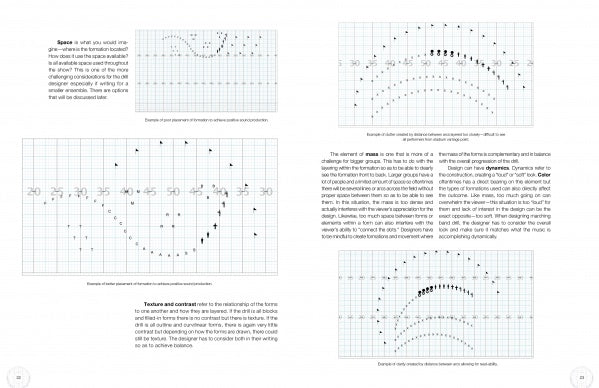 A textbook page from "Marching Band Techniques" by Schiffer Publishing, Ltd. shows four graphs with black arrows on grid paper in curved and wave patterns, plus text explaining space, texture, and contrast in marching band techniques.