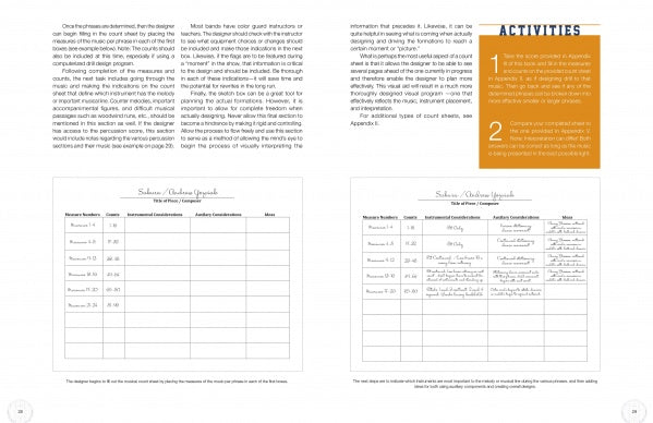 A two-page spread from Marching Band Techniques by Schiffer Publishing, Ltd. features text, two Subcase/Outcome Approach tables (one blank, one filled in), and an orange Activities sidebar with marching band rehearsal prompts.