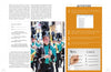 A high school marching band member in a green uniform plays clarinet, demonstrating skills from "Marching Band Techniques" by Schiffer Publishing, Ltd. Nearby are handwritten instructions and a Pros and Cons list on paper.