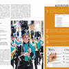 A high school marching band member in a green uniform plays clarinet, demonstrating skills from "Marching Band Techniques" by Schiffer Publishing, Ltd. Nearby are handwritten instructions and a Pros and Cons list on paper.