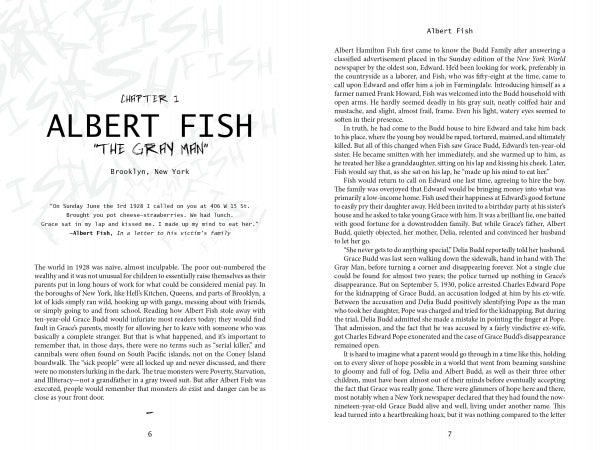 Two pages from "Vile: Peeking Under the Skin of Murderers" by Schiffer Publishing, Ltd. The left page introduces the chapter on Albert Fish with a quote; the right discusses his life and crimes as a notorious serial killer.