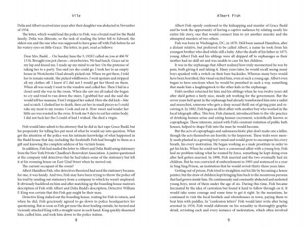 Two pages from "Vile: Peeking Under the Skin of Murderers" by Schiffer Publishing, Ltd. feature dense, two-column text recounting chilling crimes like child abductions and murders by notorious killers such as Albert Fish.