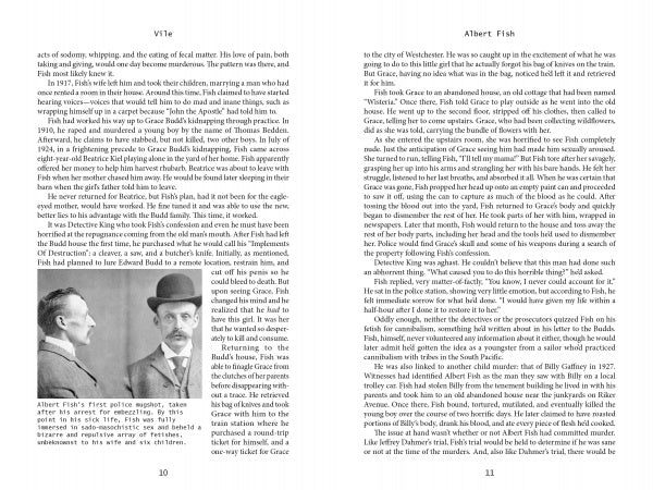 Two pages from "Vile: Peeking Under the Skin of Murderers" by Schiffer Publishing, Ltd. The left page covers Albert Fish’s early crimes, with a black-and-white photo below; the right continues with his later life and mental health.