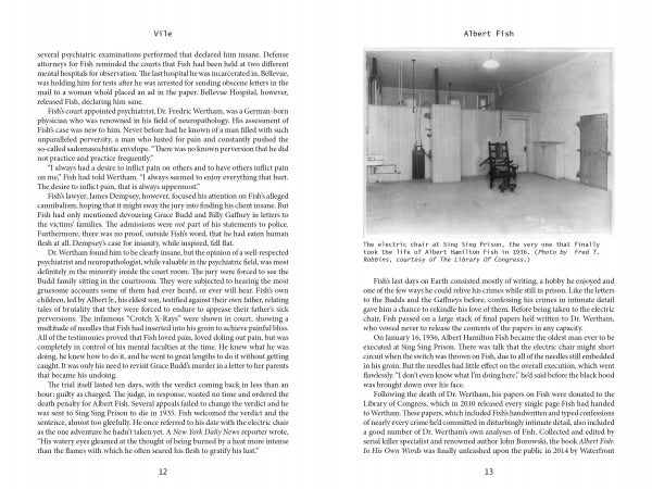 Two pages from "Vile: Peeking Under the Skin of Murderers" (Schiffer Publishing, Ltd.) feature text about Albert Fish. One page displays a black-and-white photo of an empty execution chamber with an electric chair and control switches.
