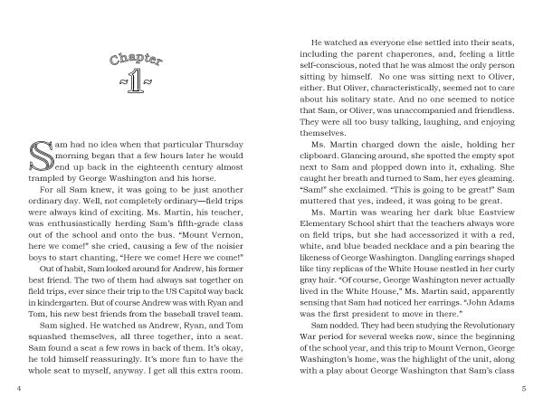 An open book displays "George Washington and the Magic Hat" by Schiffer Publishing, Ltd. The left page shows a decorative Chapter 1 heading introducing Sam and classmates; the right hints at a time travel adventure to change their blended family’s history.