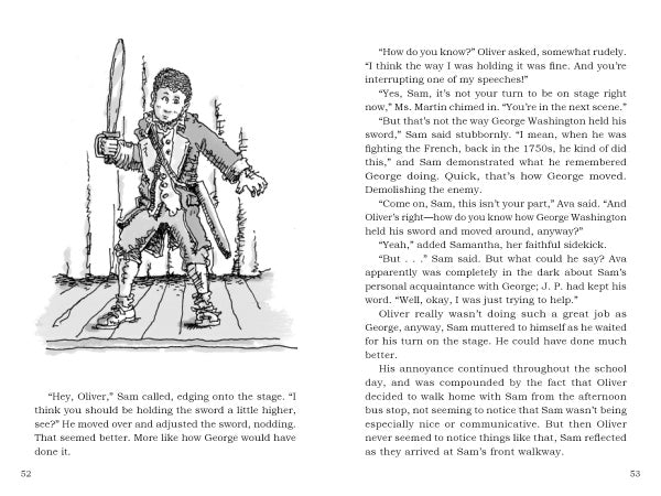 A black and white illustration from "George Washington and the Magic Hat" by Schiffer Publishing, Ltd. shows a boy awkwardly holding a sword on stage as children rehearse a historical fiction school play and discuss how to hold the sword.