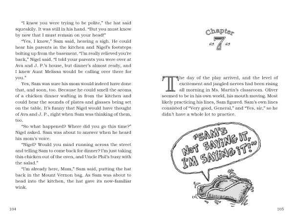 Two pages from "George Washington and the Magic Hat" by Schiffer Publishing, Ltd. show text, pages 104–105, and an illustration of a boy holding a sign. Page 105 features Chapter 7 and the bold words “I’m not saying it, I’M SAYING IT!”.