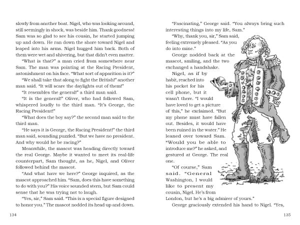 Book page from "George Washington and the Magic Hat" by Schiffer Publishing, Ltd. shows text on the left and an illustration on the right of a man in a colonial military uniform—a scene from an exciting time travel adventure.