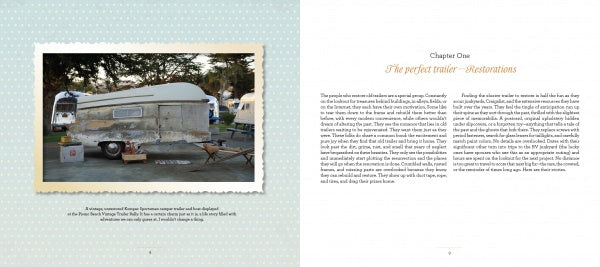 The book "Vintage Trailer Voyeur" by Schiffer Publishing, Ltd. features a vintage camper parked on grass among trees and trailers, bordered on a pale blue polka-dot page beside the chapter "The perfect trailer—Restorations.