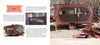 Two-page spread from Schiffer Publishing, Ltd.’s "Vintage Trailer Voyeur": Left page features AMY, text, and window/side photos. Right page shows the black and red trailer with a red outdoor table and chairs, evoking rally vibes.