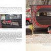 Two-page spread from Schiffer Publishing, Ltd.’s "Vintage Trailer Voyeur": Left page features AMY, text, and window/side photos. Right page shows the black and red trailer with a red outdoor table and chairs, evoking rally vibes.