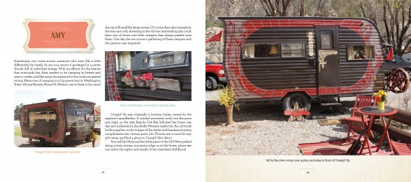 Two-page spread from Schiffer Publishing, Ltd.’s "Vintage Trailer Voyeur": Left page features AMY, text, and window/side photos. Right page shows the black and red trailer with a red outdoor table and chairs, evoking rally vibes.