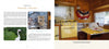 A book spread from "Vintage Trailer Voyeur" by Schiffer Publishing, Ltd. shows vintage style text, small photos of a white bird and shelf decor, plus a retro yellow kitchen in a wooden camper—ideal inspiration for vintage camping trailer fans.