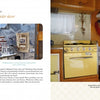 A book spread from "Vintage Trailer Voyeur" by Schiffer Publishing, Ltd. shows vintage style text, small photos of a white bird and shelf decor, plus a retro yellow kitchen in a wooden camper—ideal inspiration for vintage camping trailer fans.