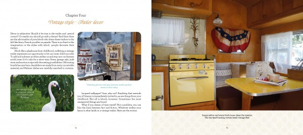 A book spread from "Vintage Trailer Voyeur" by Schiffer Publishing, Ltd. shows vintage style text, small photos of a white bird and shelf decor, plus a retro yellow kitchen in a wooden camper—ideal inspiration for vintage camping trailer fans.