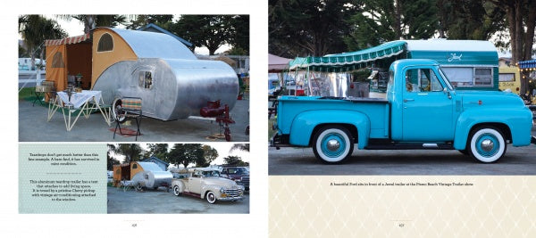 In "Vintage Trailer Voyeur" by Schiffer Publishing, Ltd., vintage teardrop trailers and classic cars recall rally vibes, while a turquoise pickup and matching trailer highlight custom trailer culture at an outdoor gathering.