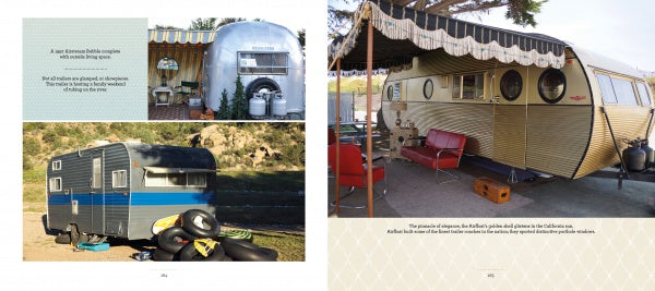 Two pages from "Vintage Trailer Voyeur" by Schiffer Publishing, Ltd. showcase custom trailer culture: a silver Airstream and blue trailer outside on one page, and a tan trailer with an awning, red chairs, and table on the other.