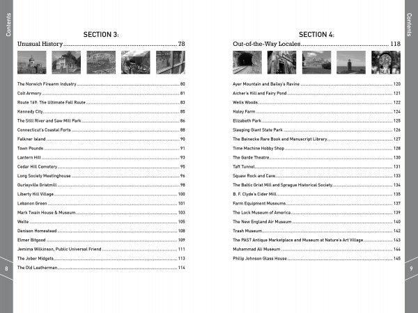 The table of contents for More Connecticut Lore by Schiffer Publishing, Ltd. lists Section 3: Unusual History (pages 78–117), covering museums, historic sites, and folklore; and Section 4: Out-of-the-Way Locales (pages 118–157) with unique attractions.