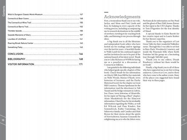 An open copy of "More Connecticut Lore" by Schiffer Publishing, Ltd. displays the table of contents with sites and page numbers on the left, and acknowledgments on the right, both in black text on a white background.